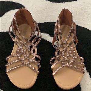 Brown bejeweled Roman flats